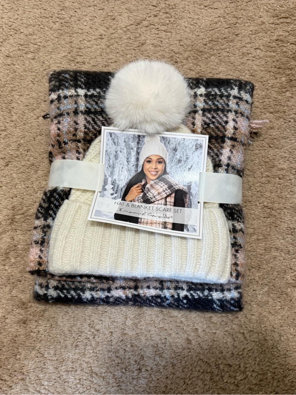 Cream Knit Pom Hat with Pink & Black Plaid Scarf Set